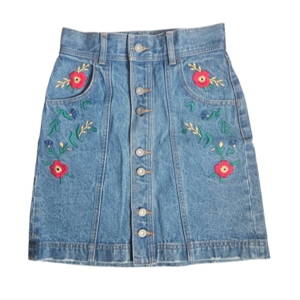 Moussy Button Down Floral Embroidered Denim Skirt Size S